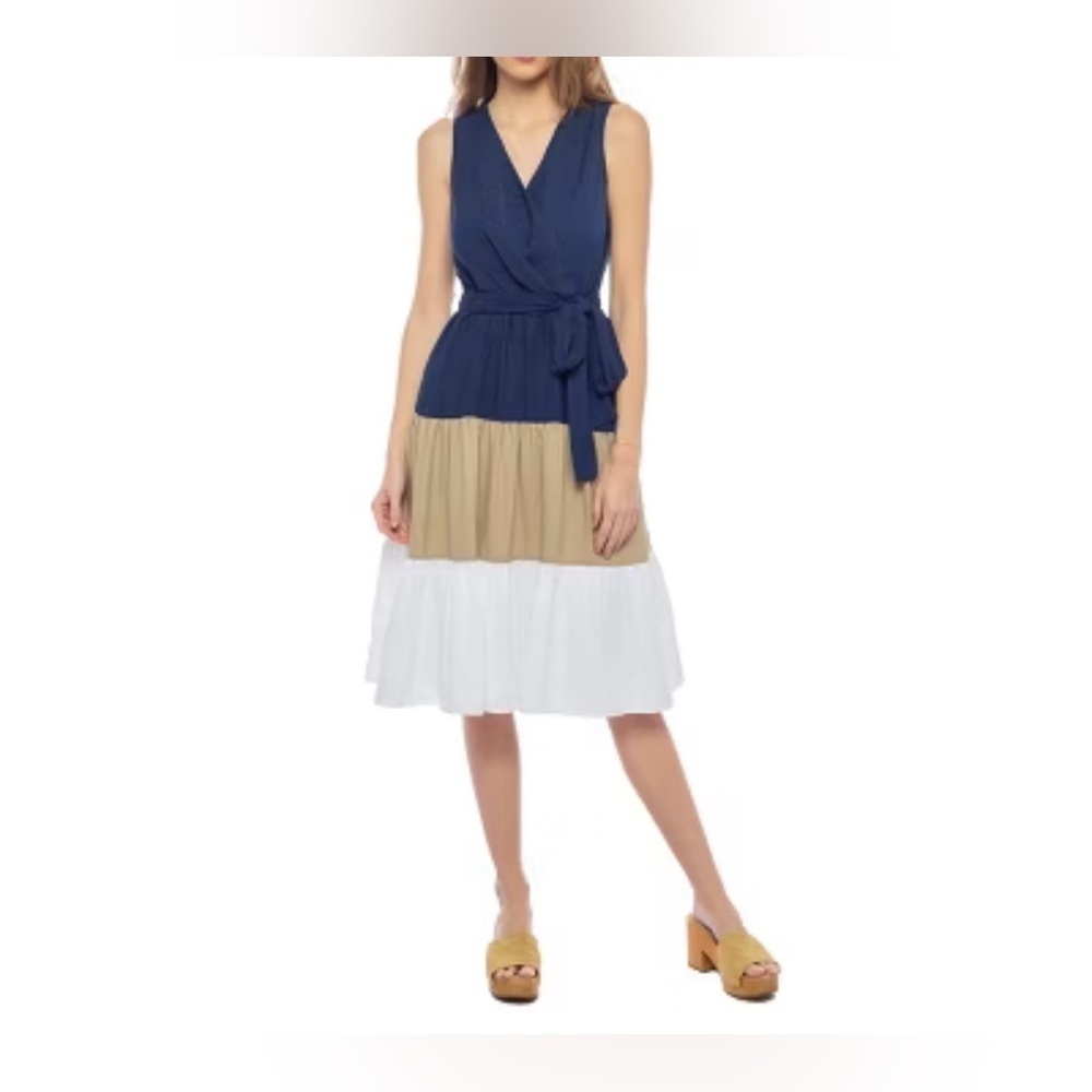 PARKER & ROWE Linen Color Block Tier Dress
